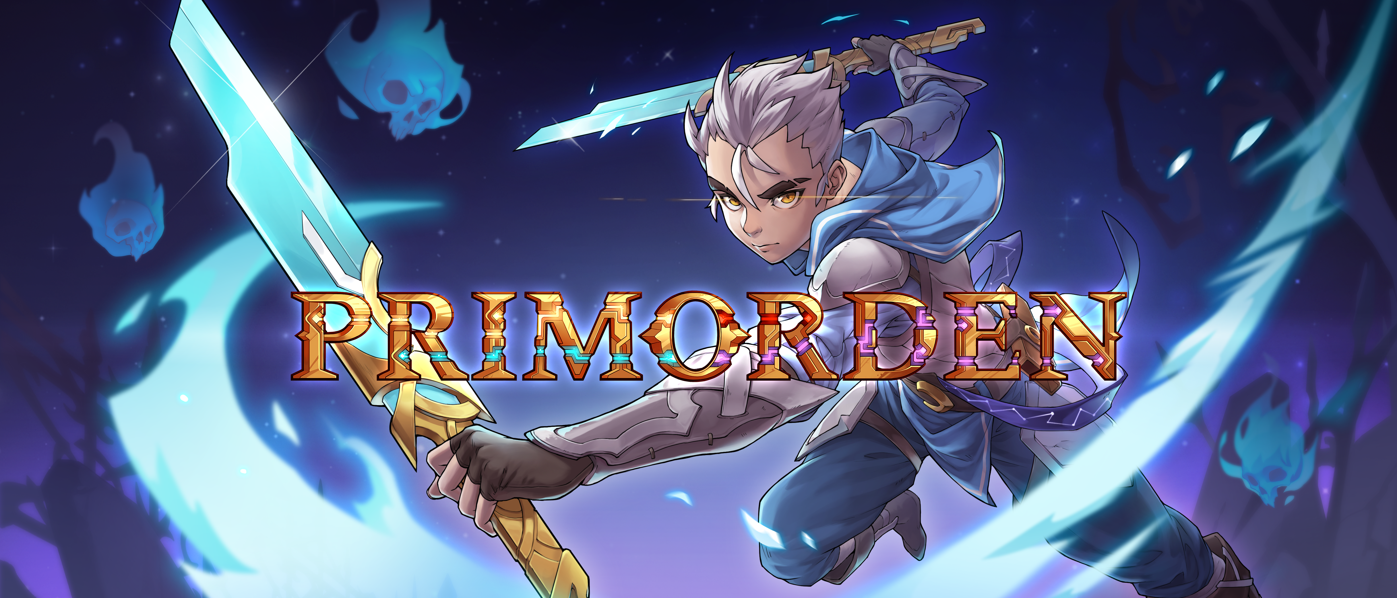 illustration of a dual-wielding swordsman dashing and slicing with his swords with logo reading "primorden"